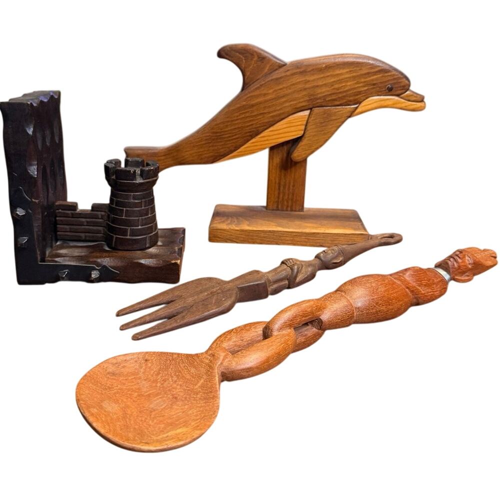 Vintage Wood Decor Lot - Dolphin Sculpture, Castle Bookend, African Unity Set